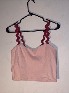 Pink Crop Tank Top with Burgundy Wavy Straps